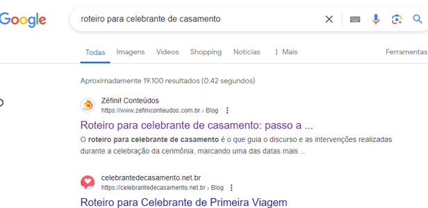 Print da página do Google, exibindo uma pesquisa com palavras-chave.