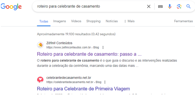 Página de pesquisa do Google, exibindo como resultado de pesquisa o site da Zéfini! Conteúdos.