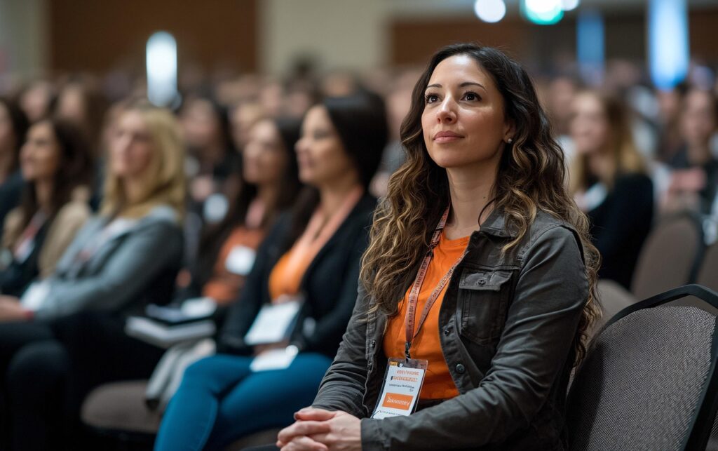 Imagem de uma mulher assistindo a um evento corporativo. Imagem: Pixabay.